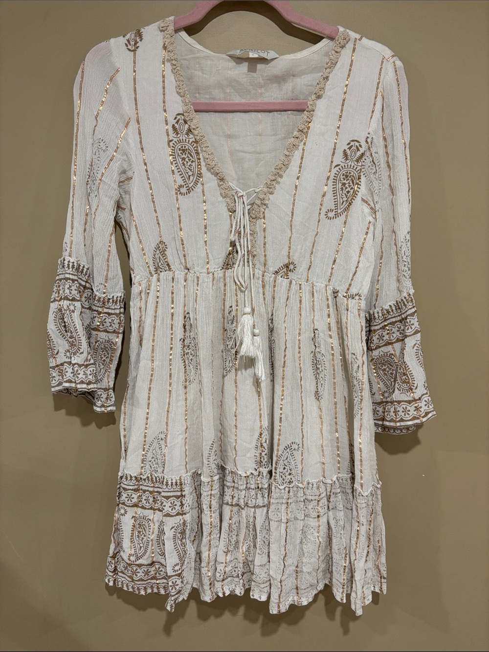 Boho Ivory and Gold Embroidered V-Neck Dress